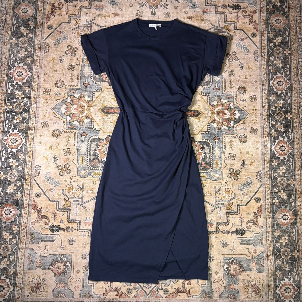 Frame Navy Organic Cotton Ruched Side T-Shirt Midi Dress LWKD0488 Size L